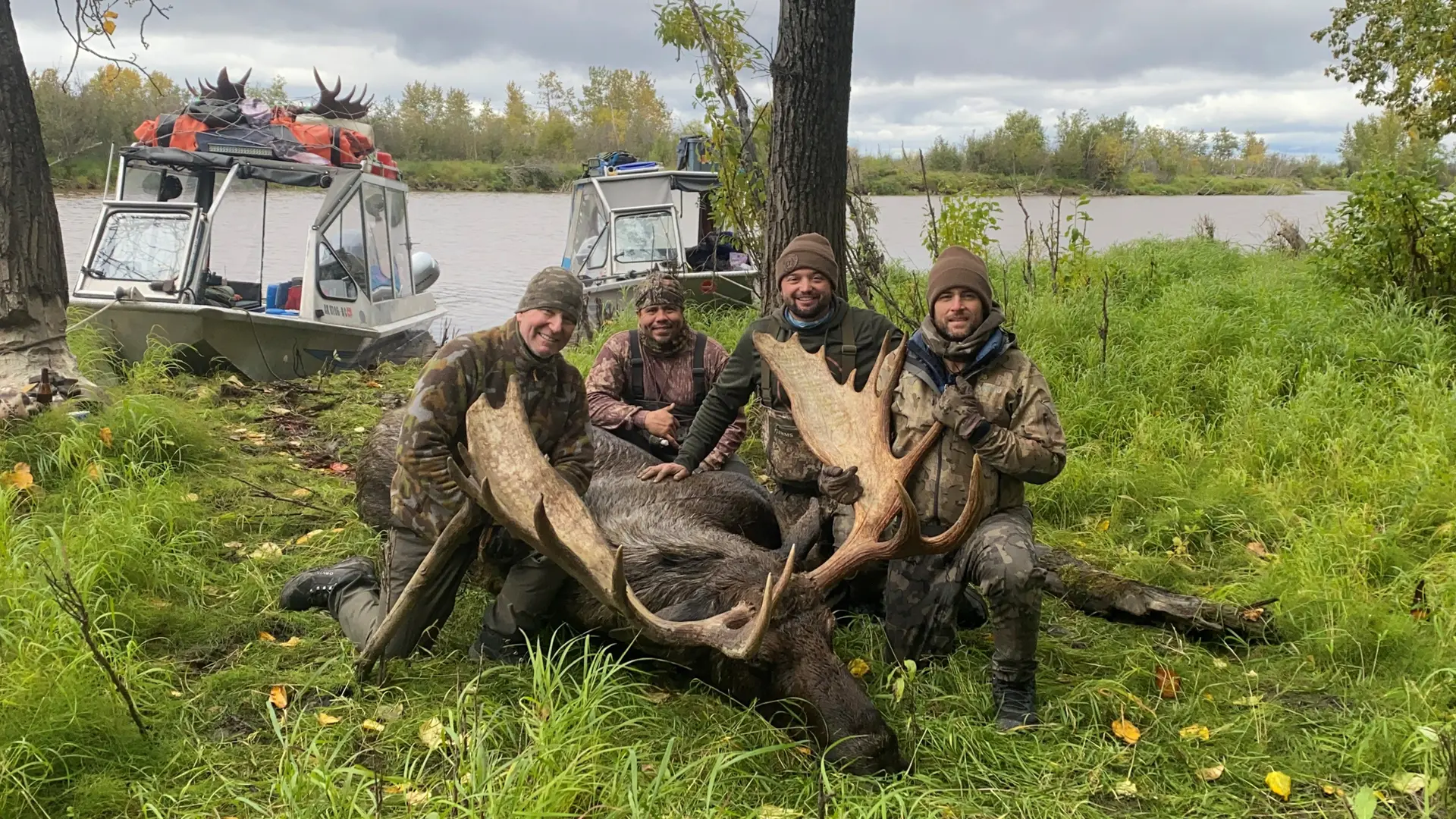 Austin Manelick and crew with a moose