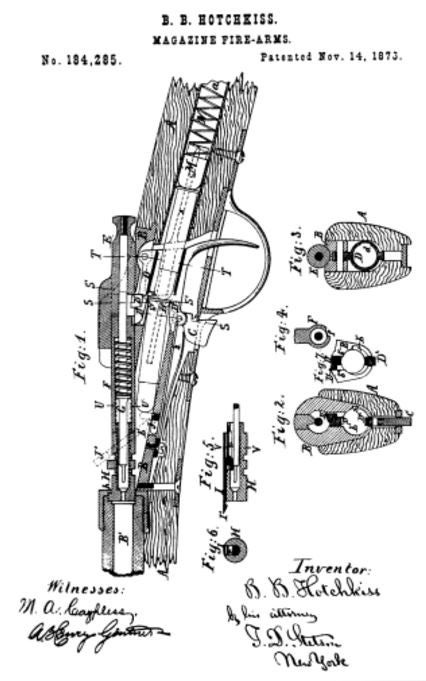 Original patent drawings of the 1876 Hotchkiss bolt-action rifle.