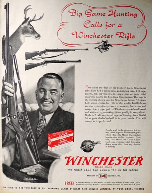 big game hunting calls for a winchester vintage ad